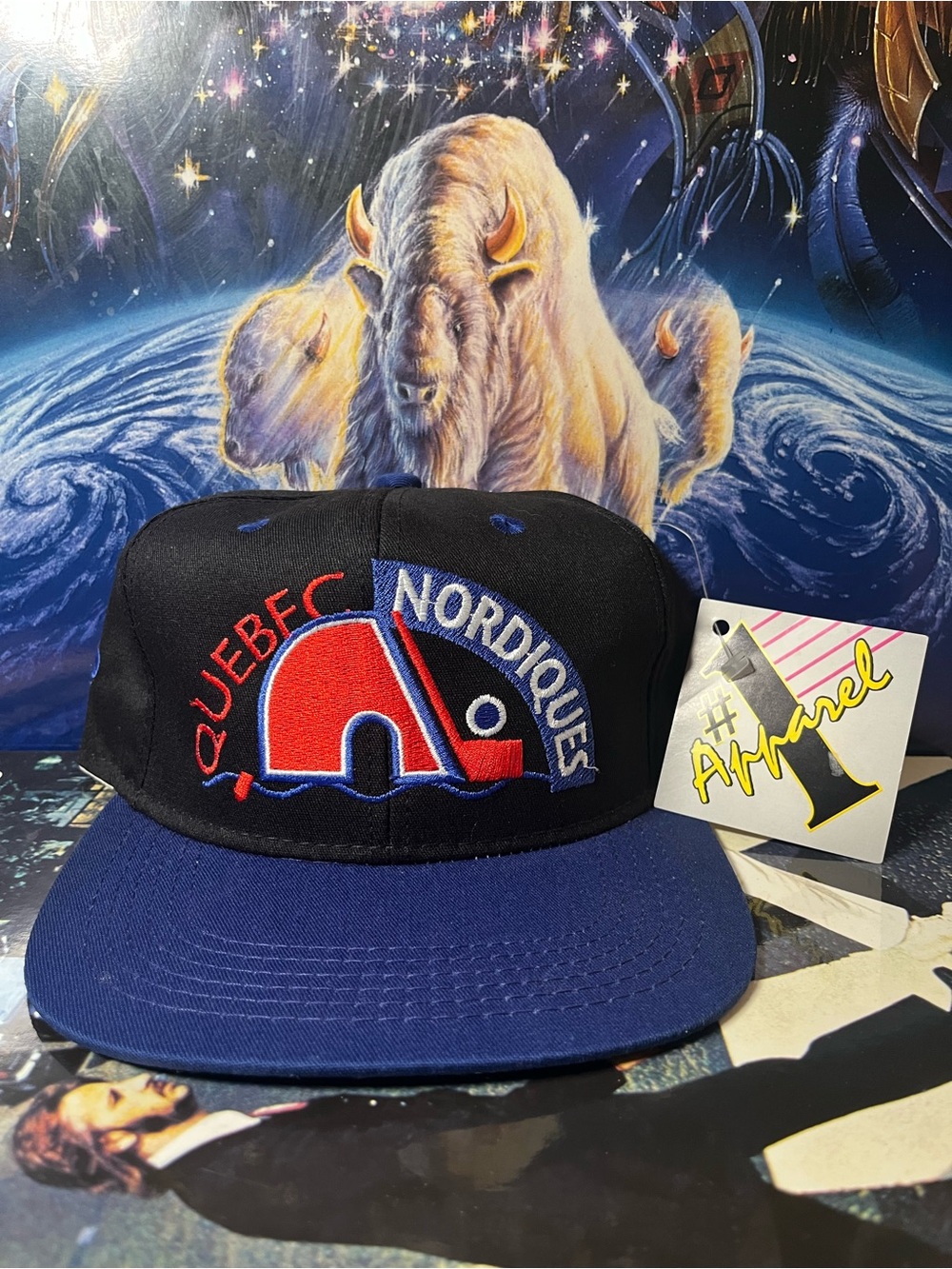 90s vintage Québec Nordiques NHL hockey #1 apparel adjustable drawstring cap hat